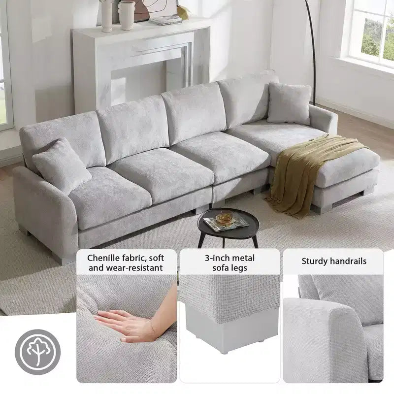 Modern Oversized Sectional Sofa, L-shaped Luxury Couch with Chaise and 2 Pillows
