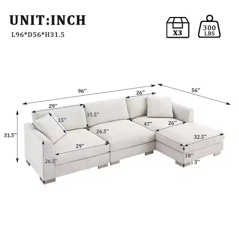 Modern Oversized Sectional Sofa, L-shaped Luxury Couch with Chaise and 2 Pillows