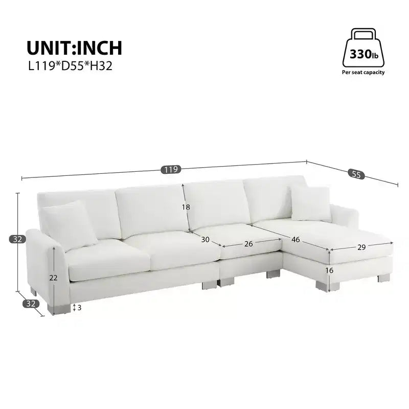 Modern Oversized Sectional Sofa, L-shaped Luxury Couch with Chaise and 2 Pillows