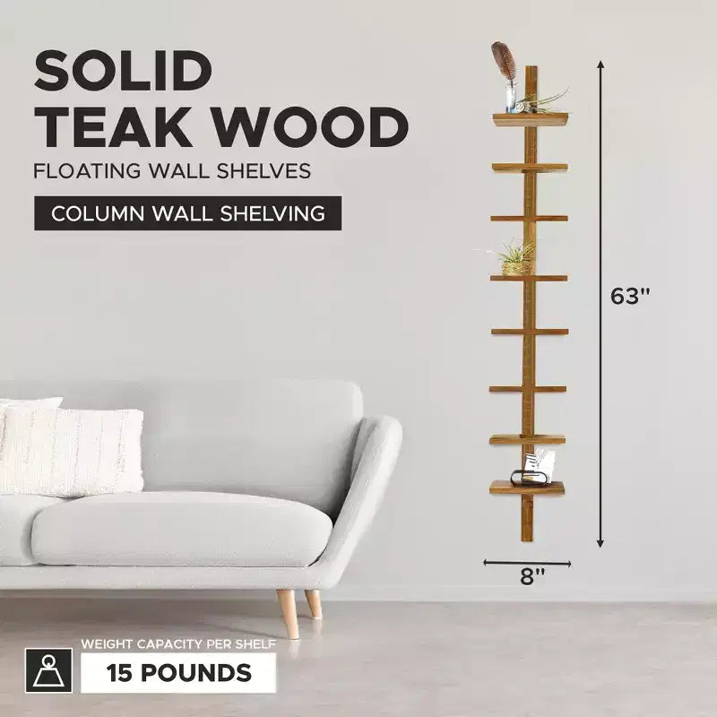 8 Shelf Floating Wall Shelves Column Shelving, Teak Wood