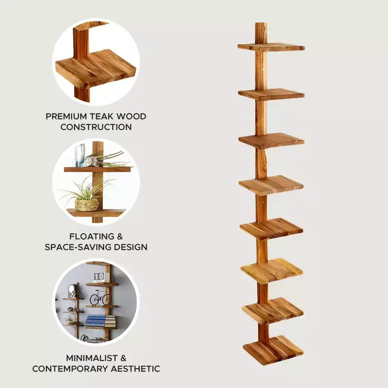 8 Shelf Floating Wall Shelves Column Shelving, Teak Wood