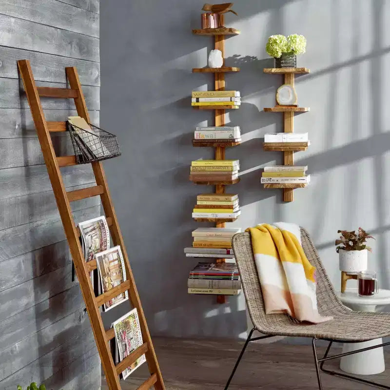8 Shelf Floating Wall Shelves Column Shelving, Teak Wood