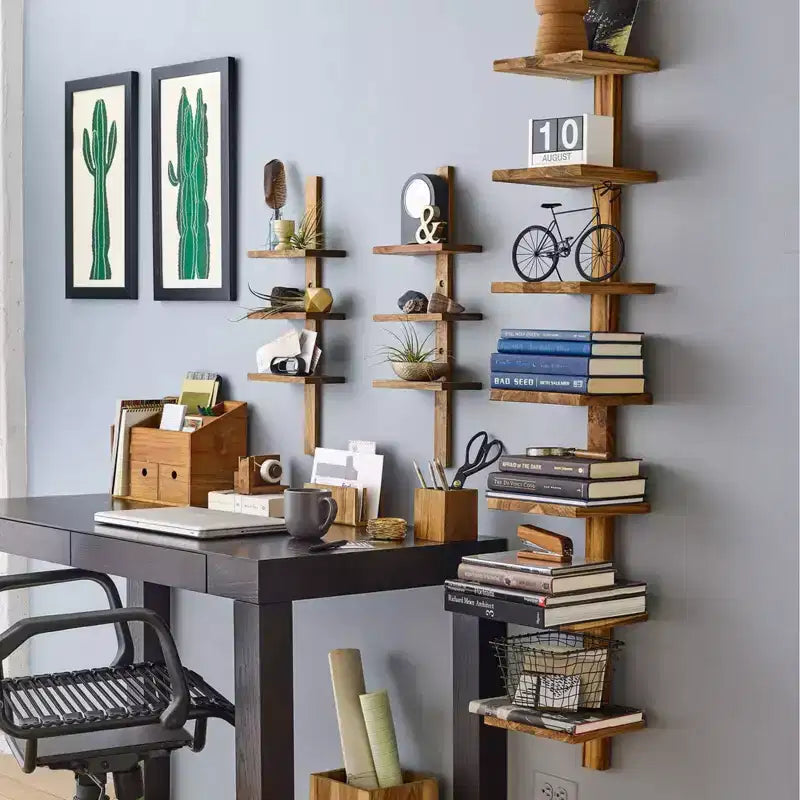 8 Shelf Floating Wall Shelves Column Shelving, Teak Wood