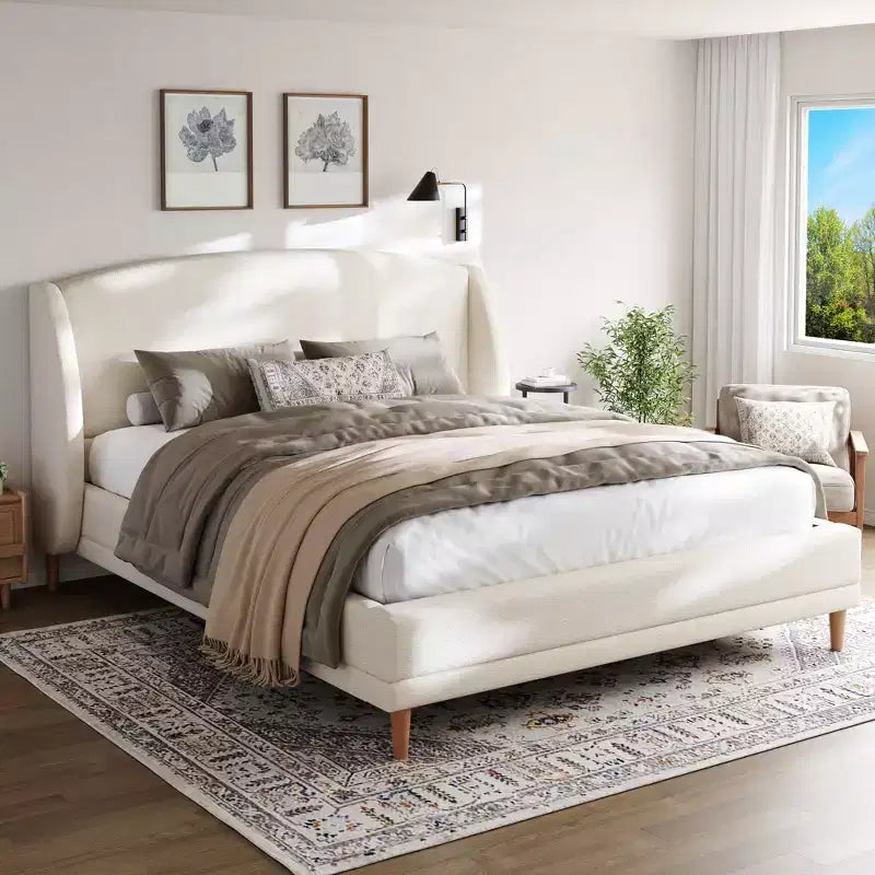 Boucle Upholstered Platform Bed with Wingback Headboard, White