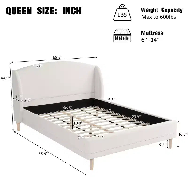 Boucle Upholstered Platform Bed with Wingback Headboard, White