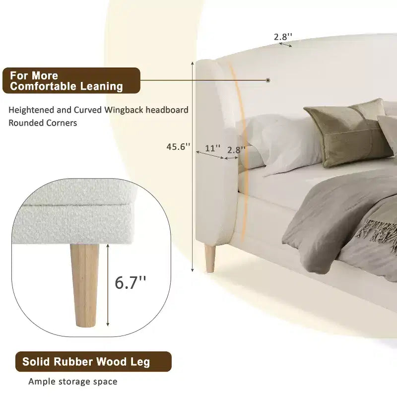 Boucle Upholstered Platform Bed with Wingback Headboard, White