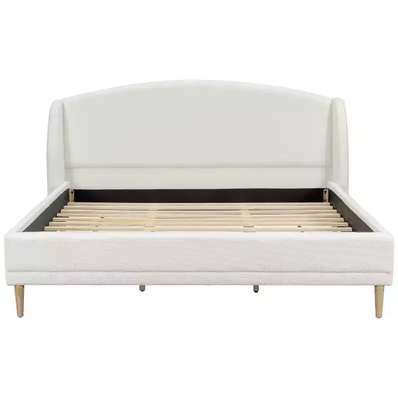 Boucle Upholstered Platform Bed with Wingback Headboard, White