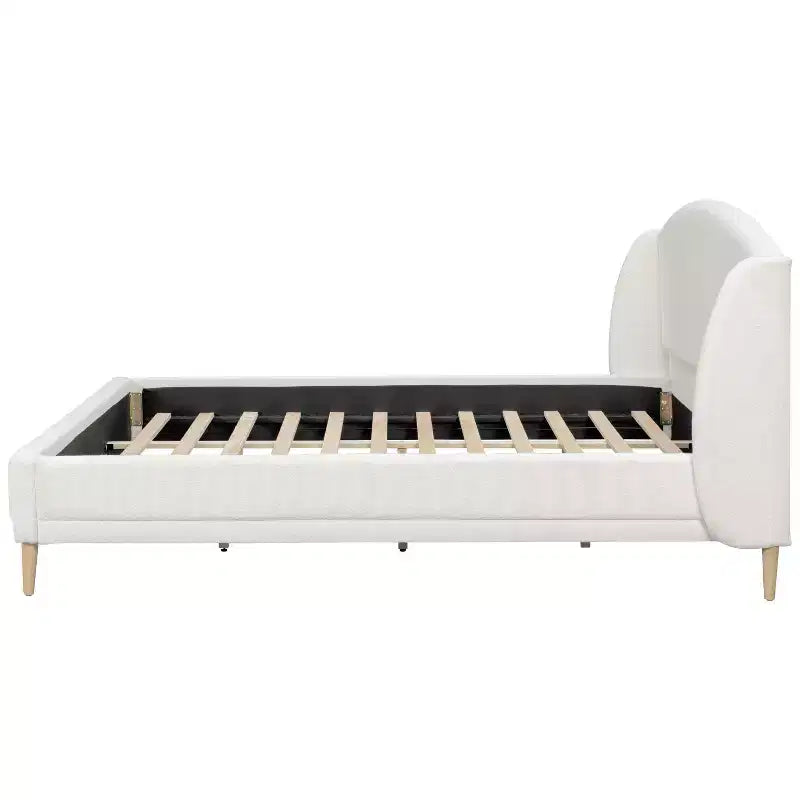 Boucle Upholstered Platform Bed with Wingback Headboard, White