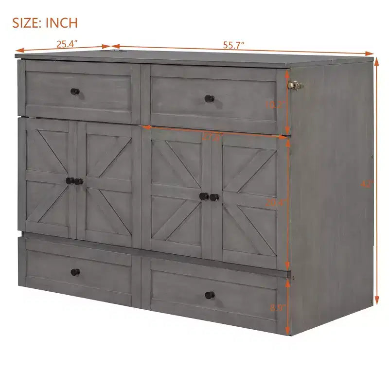 Full/Queen Size Murphy Bed with Large Drawers & USB Ports
