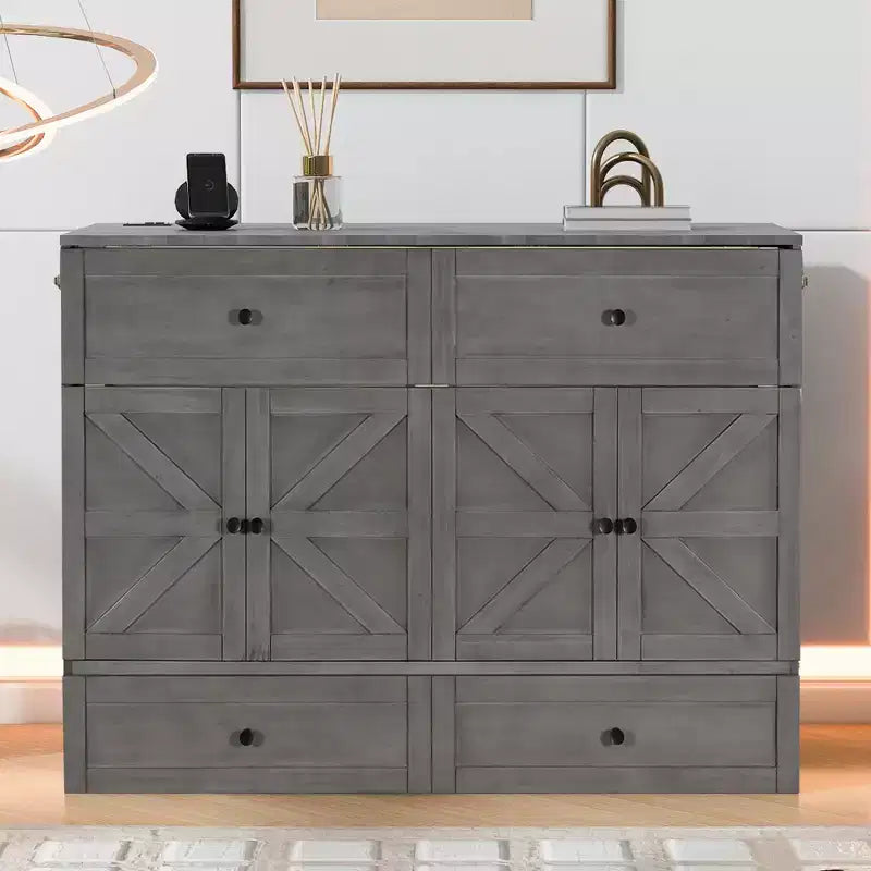 Full/Queen Size Murphy Bed with Large Drawers & USB Ports