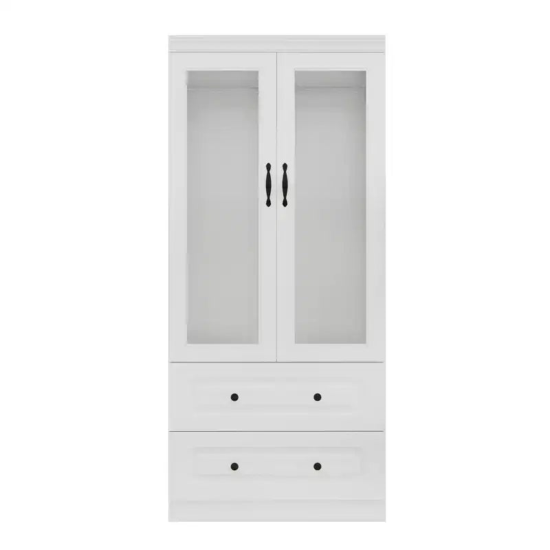 Keloyid White Wood 31.5 in. Armoire with 2 Drawers and 2 Glass Doors