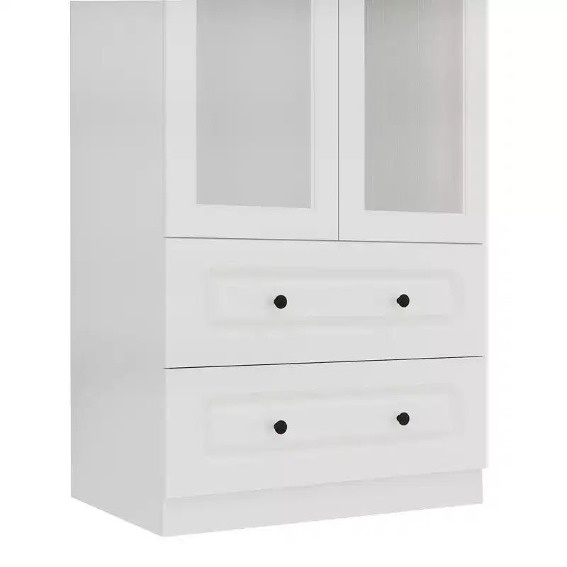 White Wood 31.5 in. Armoire with 2 Drawers and 2 Glass Doors