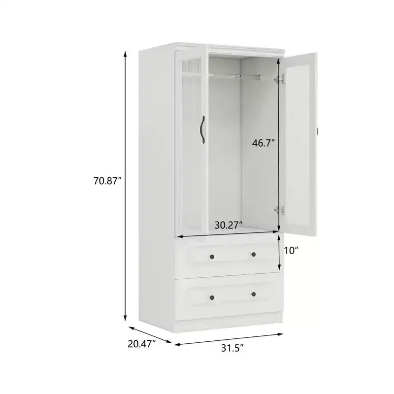 White Wood 31.5 in. Armoire with 2 Drawers and 2 Glass Doors