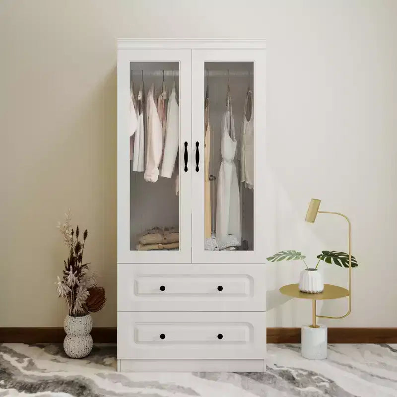 White Wood 31.5 in. Armoire with 2 Drawers and 2 Glass Doors