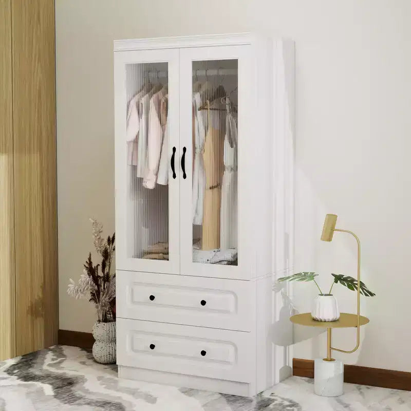 White Wood 31.5 in. Armoire with 2 Drawers and 2 Glass Doors