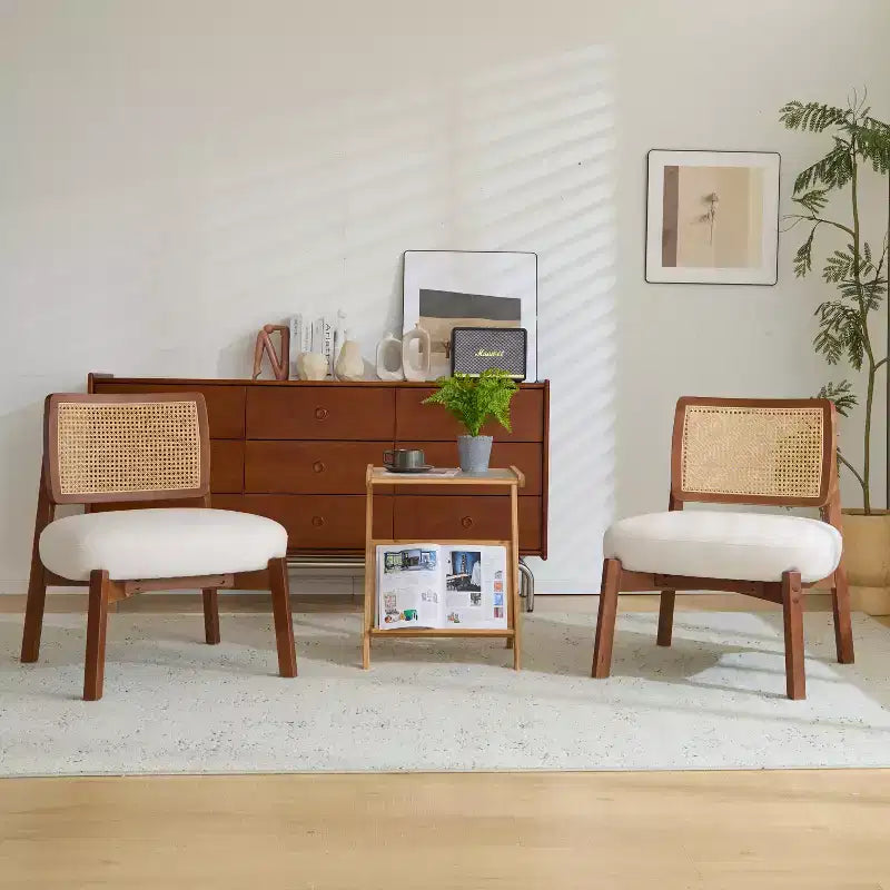 Set of 2 Accent Chair, Modern Lounge Chair Accent Seating with Woven Backrest, for Living Room, Bedroom, Beige -ModernLuxe