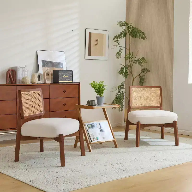Accent Chair, Modern Lounge Chair Accent Seating with Woven Backrest, for Living Room, Bedroom, Beige