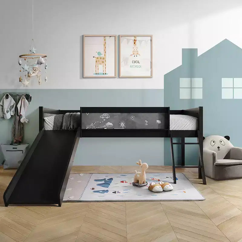 Twin Size Wooden Loft Bed with Safety Guardrails and Ladder – Space-Saving Kids Bed Frame for Bedroom