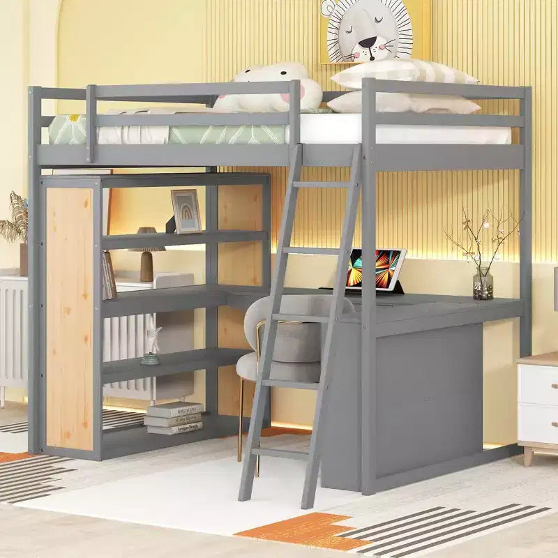 Whisen 77.8''L  75.3''W Full Size Loft Bed with Ladder, Shelves and Desk