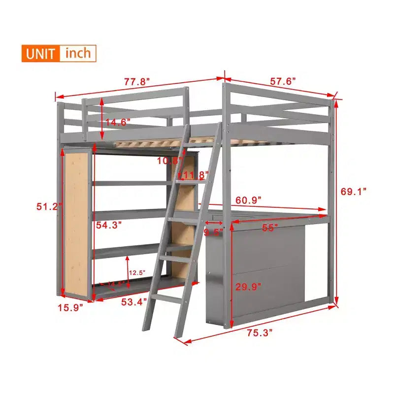 77.8''L 75.3''W Full Size Loft Bed with Ladder, Shelves and Desk