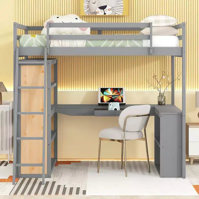 77.8''L 75.3''W Full Size Loft Bed with Ladder, Shelves and Desk