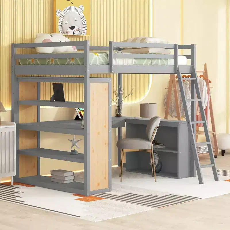 77.8''L 75.3''W Full Size Loft Bed with Ladder, Shelves and Desk