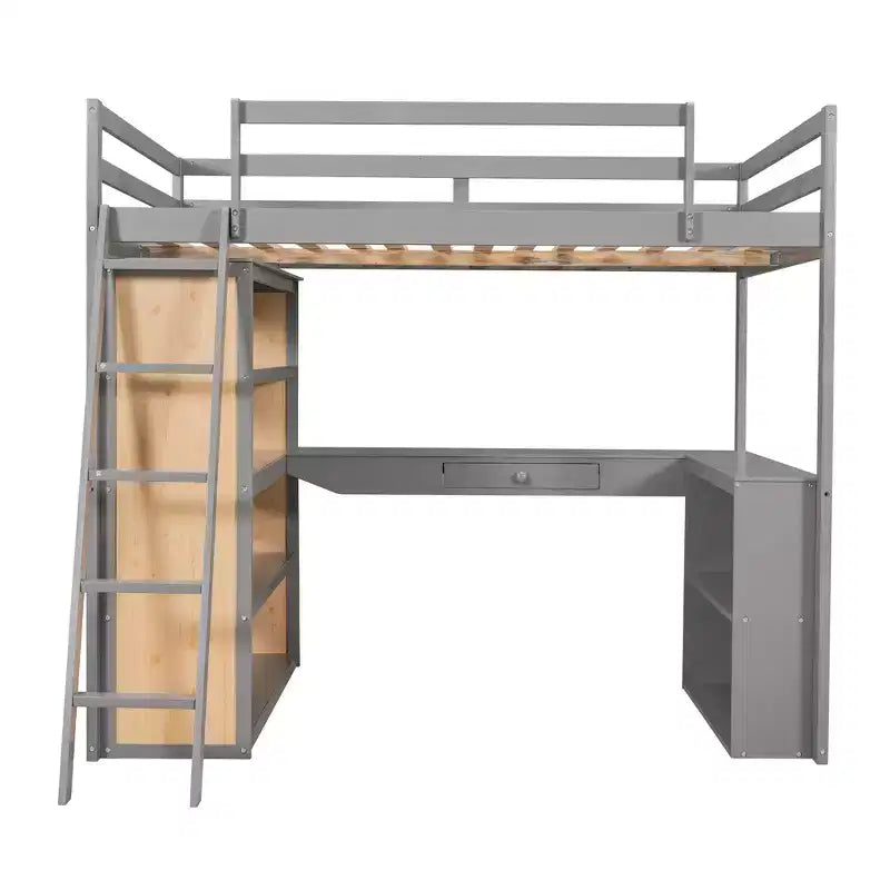 77.8''L 75.3''W Full Size Loft Bed with Ladder, Shelves and Desk