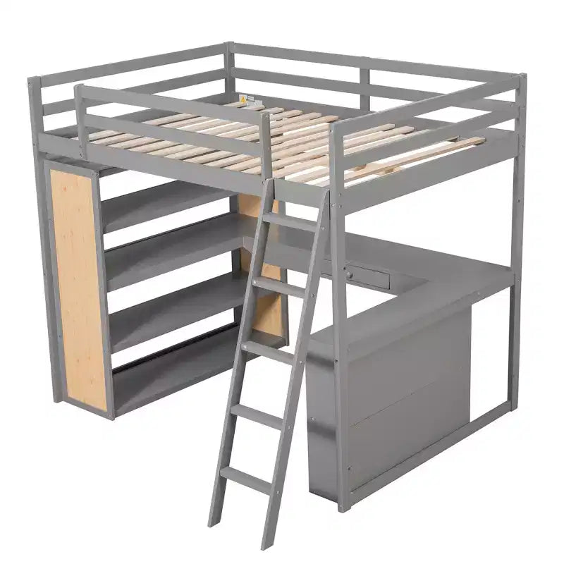 77.8''L 75.3''W Full Size Loft Bed with Ladder, Shelves and Desk