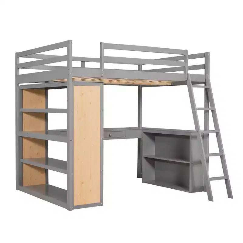 77.8''L 75.3''W Full Size Loft Bed with Ladder, Shelves and Desk