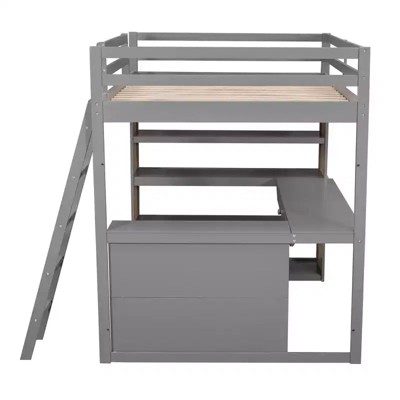 77.8''L 75.3''W Full Size Loft Bed with Ladder, Shelves and Desk