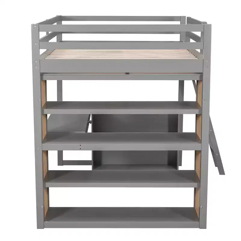77.8''L 75.3''W Full Size Loft Bed with Ladder, Shelves and Desk