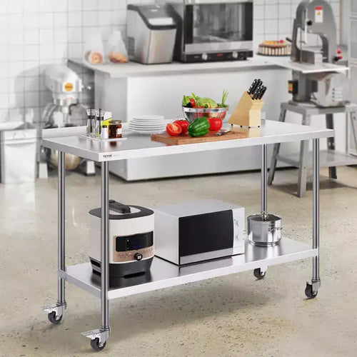 24 x 60 x 40 Inch Stainless Steel Work Table, Commercial Food Prep Worktable with Casters, Heavy Duty Prep Worktable, Metal Work Table
