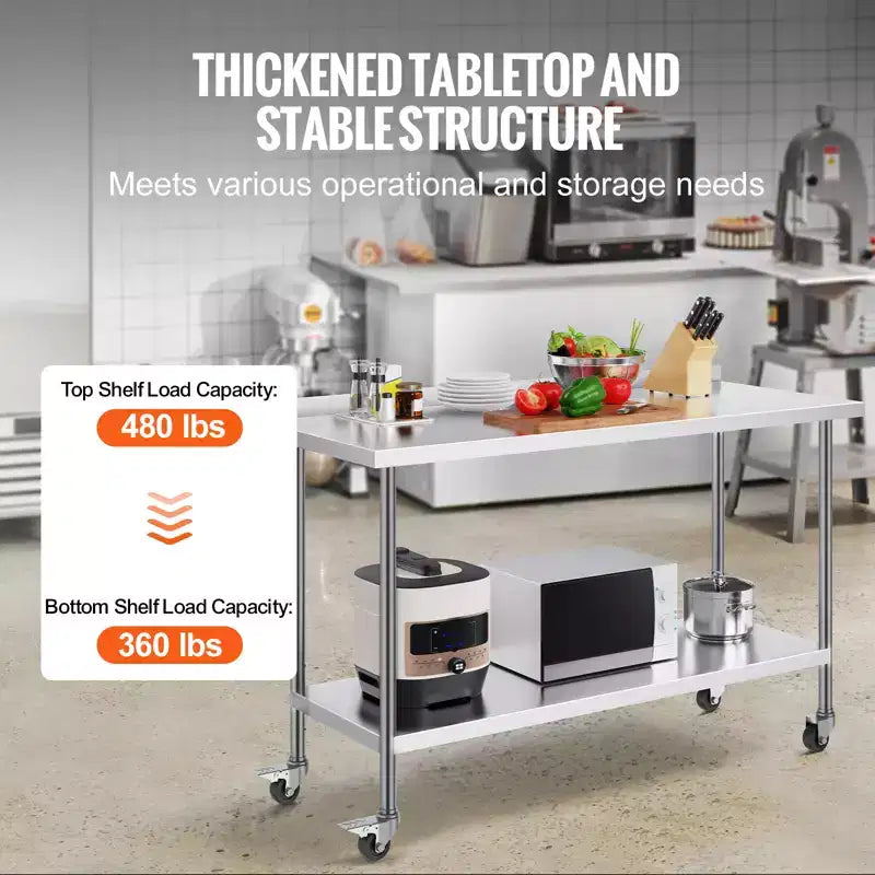 24 x 60 x 40 Inch Stainless Steel Work Table, Commercial Food Prep Worktable with Casters, Heavy Duty Prep Worktable, Metal Work Table