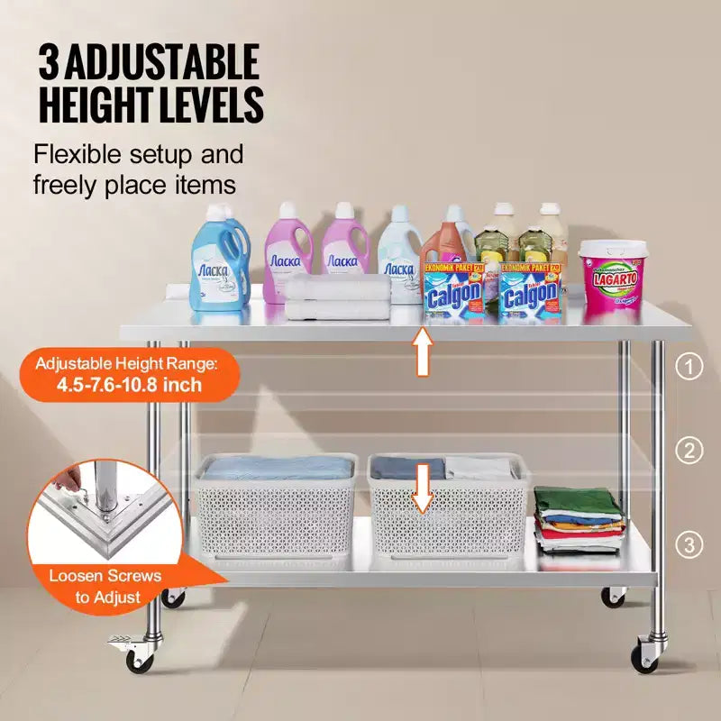 24 x 60 x 40 Inch Stainless Steel Work Table, Commercial Food Prep Worktable with Casters, Heavy Duty Prep Worktable, Metal Work Table