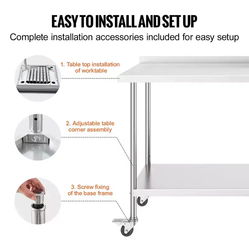24 x 60 x 40 Inch Stainless Steel Work Table, Commercial Food Prep Worktable with Casters, Heavy Duty Prep Worktable, Metal Work Table