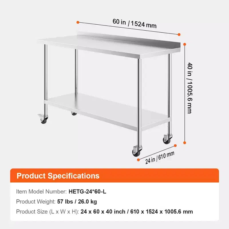 24 x 60 x 40 Inch Stainless Steel Work Table, Commercial Food Prep Worktable with Casters, Heavy Duty Prep Worktable, Metal Work Table