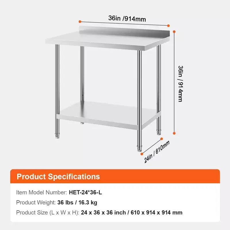 24 x 36 x 36 Inch Stainless Steel Work Table, Commercial Food Prep Worktable Heavy Duty Prep Worktable, Metal Work Table