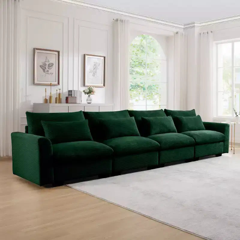 4 Seater Deep Seat Couches, Modern Living Room Beige Corduroy Sofas, Comfy Design with 4 Waist Pillows