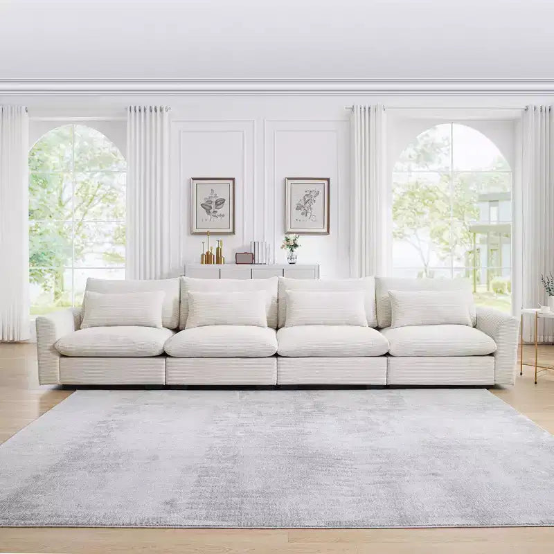 4 Seater Deep Seat Couches, Modern Living Room Beige Corduroy Sofas, Comfy Design with 4 Waist Pillows