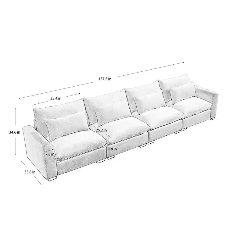 4 Seater Deep Seat Couches, Modern Living Room Beige Corduroy Sofas, Comfy Design with 4 Waist Pillows