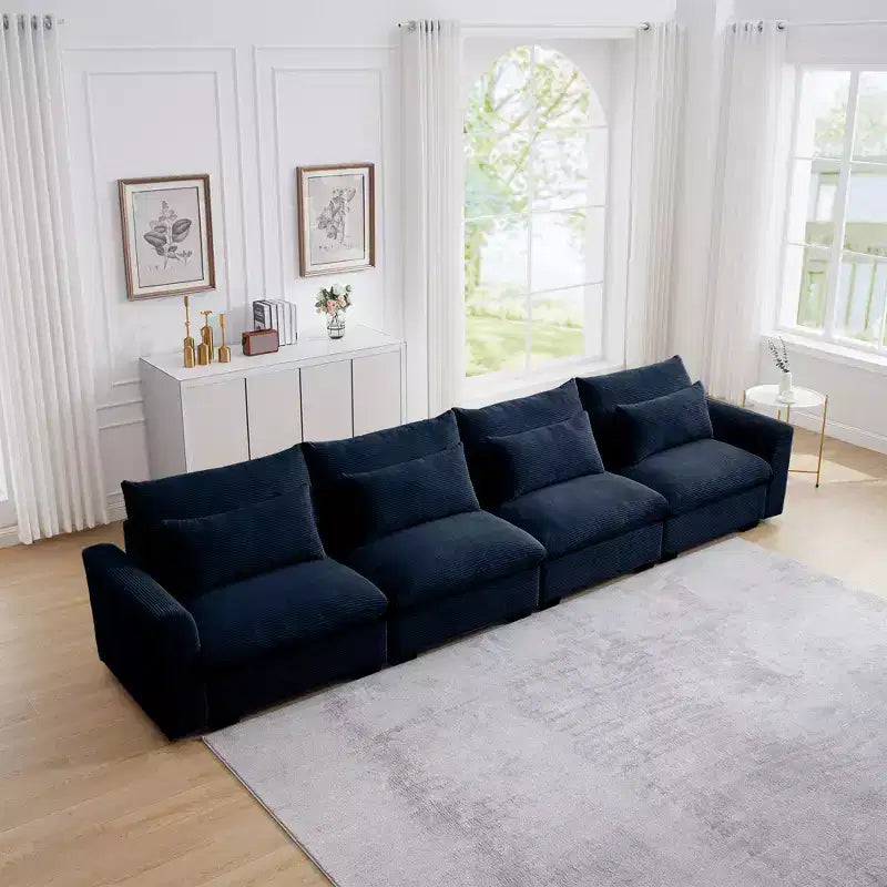 4 Seater Deep Seat Couches, Modern Living Room Beige Corduroy Sofas, Comfy Design with 4 Waist Pillows