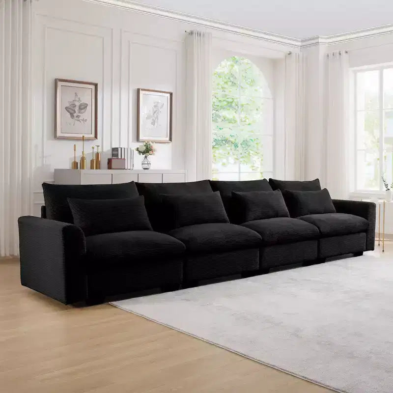 4 Seater Deep Seat Couches, Modern Living Room Beige Corduroy Sofas, Comfy Design with 4 Waist Pillows