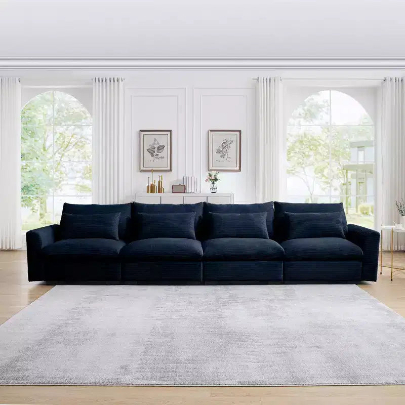 4 Seater Deep Seat Couches, Modern Living Room Beige Corduroy Sofas, Comfy Design with 4 Waist Pillows
