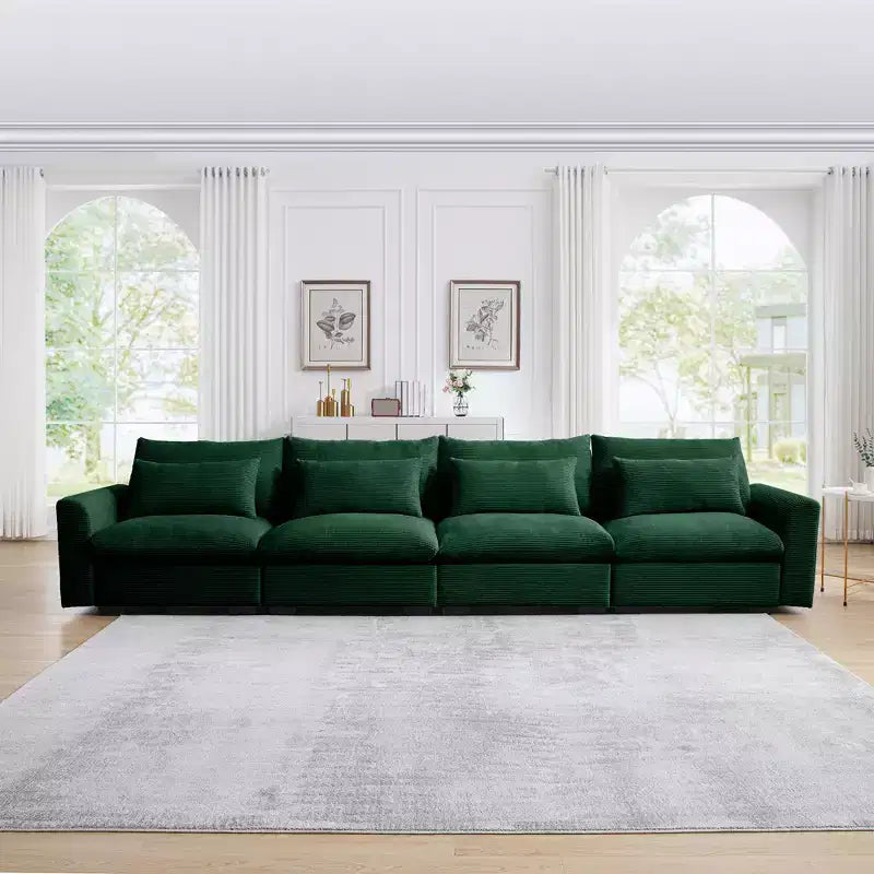 4 Seater Deep Seat Couches, Modern Living Room Beige Corduroy Sofas, Comfy Design with 4 Waist Pillows