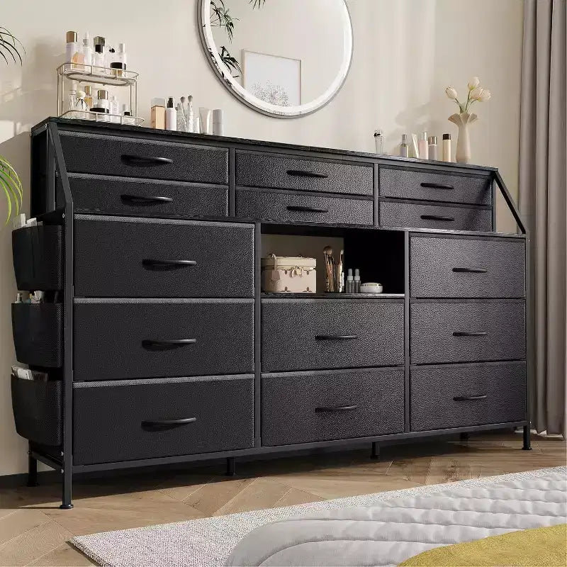 Dresser for Bedroom with 14 Drawers, 55 W Dresser with Side Pocket, Fabric Dressers & Chests of Drawers with Shelves