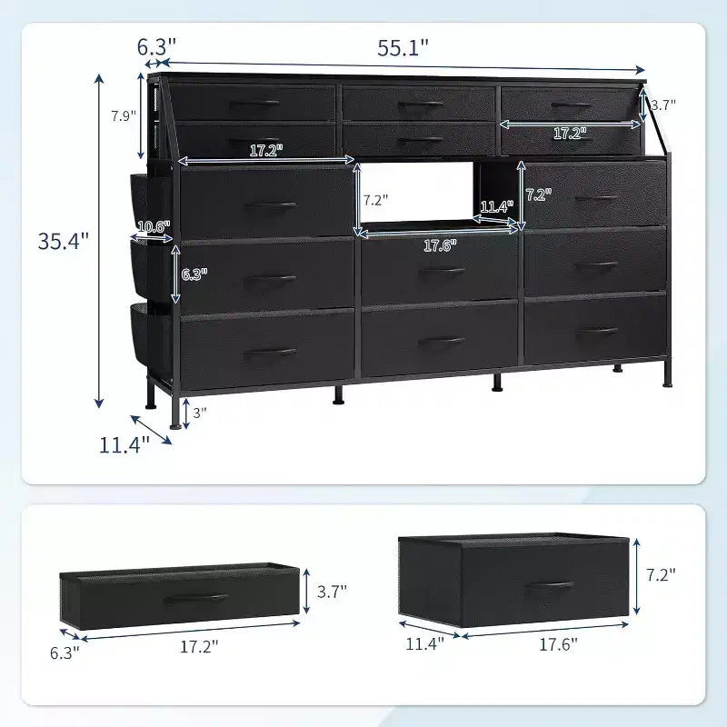 Dresser for Bedroom with 14 Drawers, 55 W Dresser with Side Pocket, Fabric Dressers & Chests of Drawers with Shelves