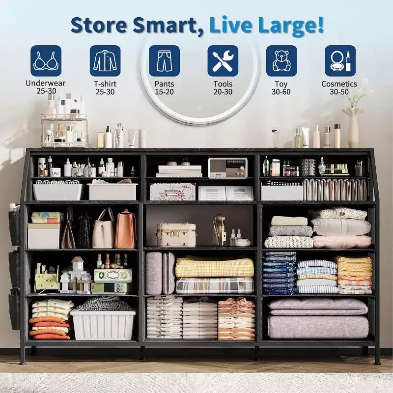 Dresser for Bedroom with 14 Drawers, 55 W Dresser with Side Pocket, Fabric Dressers & Chests of Drawers with Shelves