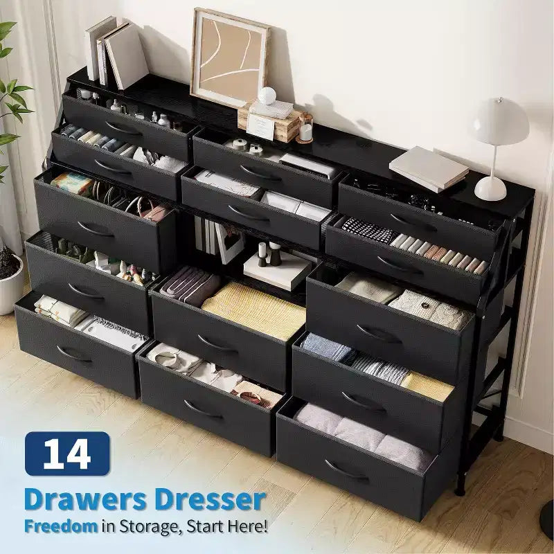 Dresser for Bedroom with 14 Drawers, 55 W Dresser with Side Pocket, Fabric Dressers & Chests of Drawers with Shelves