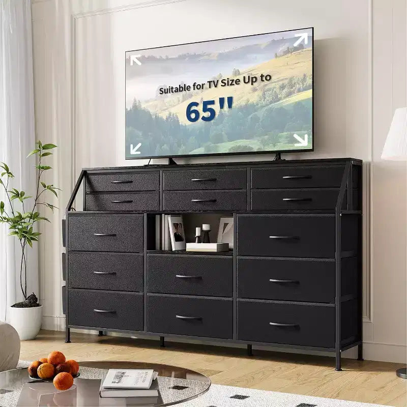 Dresser for Bedroom with 14 Drawers, 55 W Dresser with Side Pocket, Fabric Dressers & Chests of Drawers with Shelves