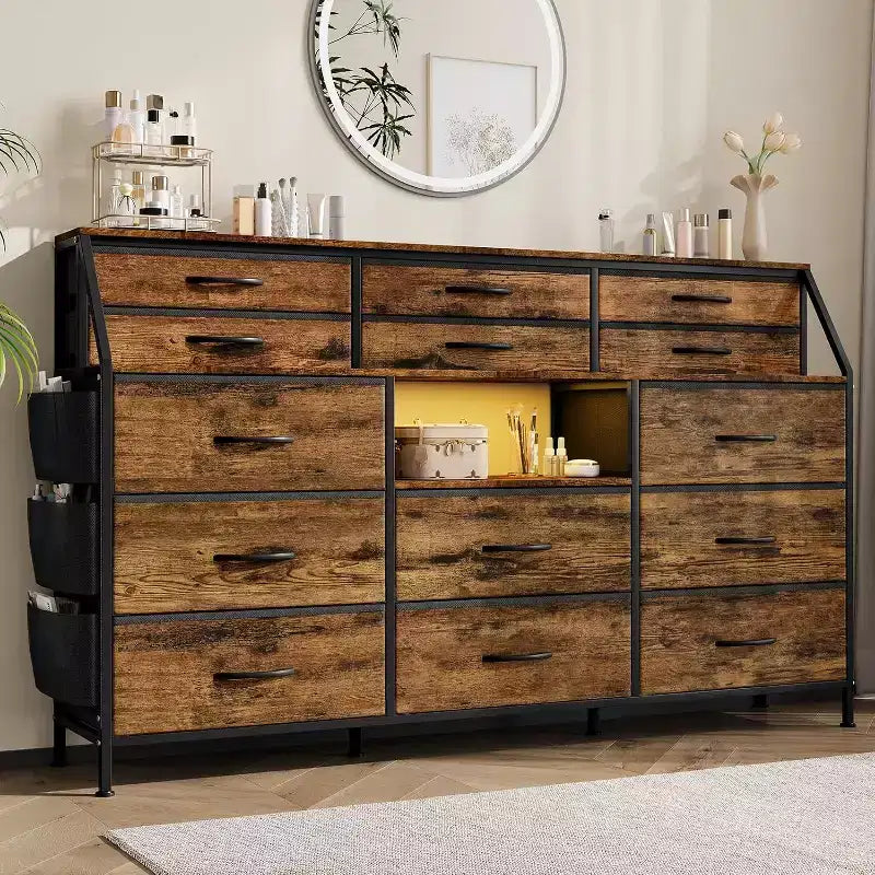 Dresser for Bedroom with 14 Drawers, 55 W Dresser with Side Pocket, Fabric Dressers & Chests of Drawers with Shelves